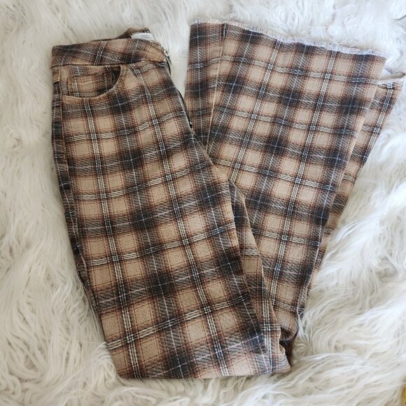 Y2K FOREVER 21 Plaid High Rise Flare Jeans 26 Stretch Raw Hem‎ Boho Hippie Pants - Picture 16 of 16